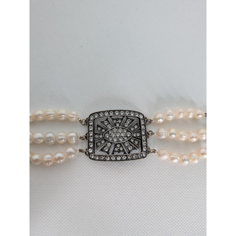 HALEY HILL SILVERTONE PEARL & RHINESTONE 3 STRAND BRACELET 1 1/2 X 7-9" - Picture 3 of 8